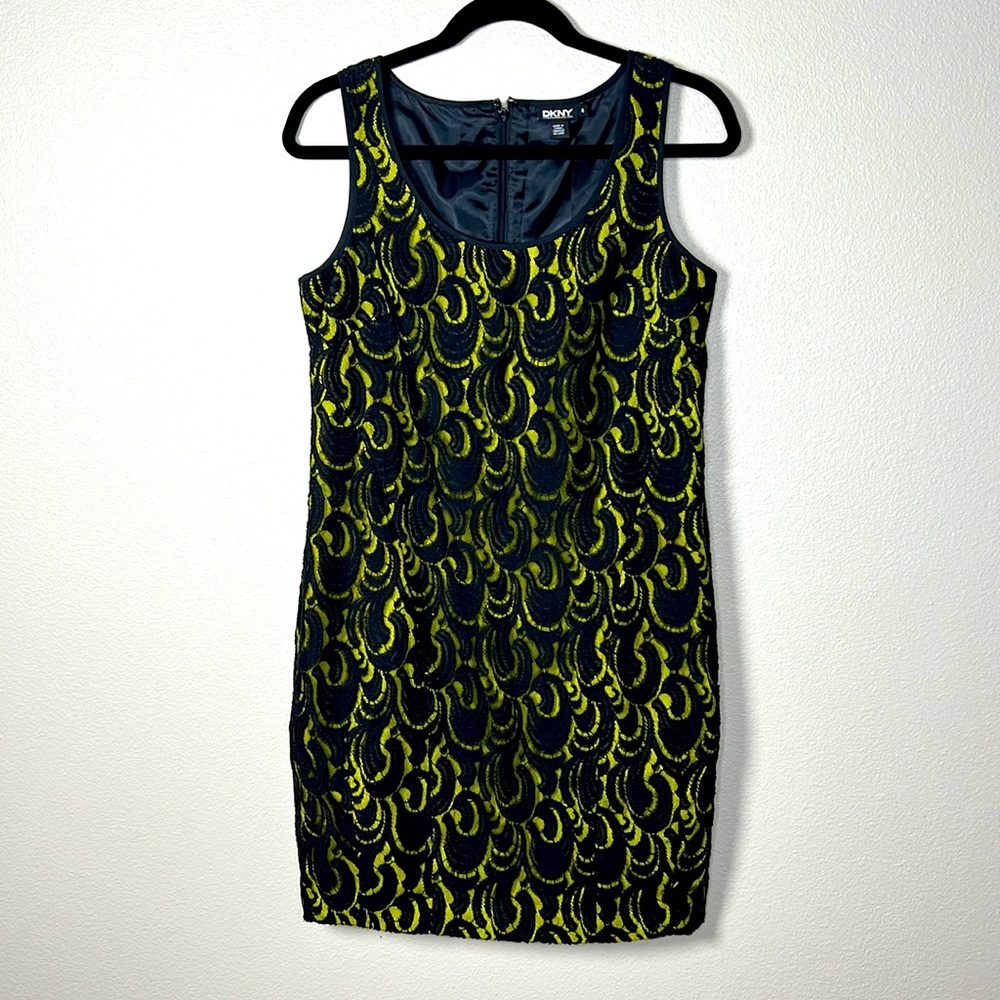DKNY Black Lace Overlay Lime Cotton Nylon Poly Bodycon Dress